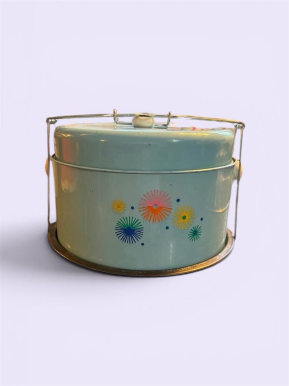 Vintage Blue Locking Metal Cake Pie Carrier Atomic Burst MCM 60s